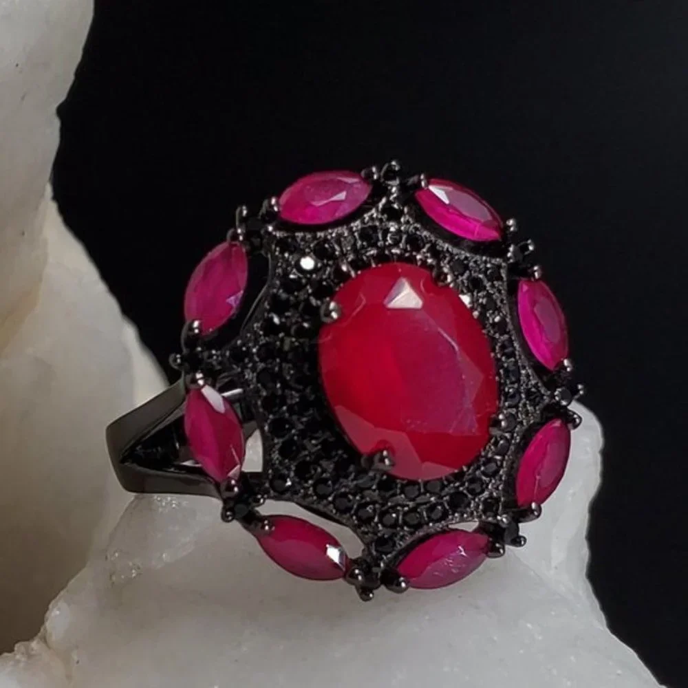 Sterling Silver 925 Black Rhodium Ruby Ring Classic Setting Silversmith